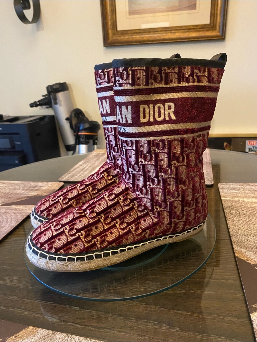 Dior Burgundy and Gold Logo Winter Boots